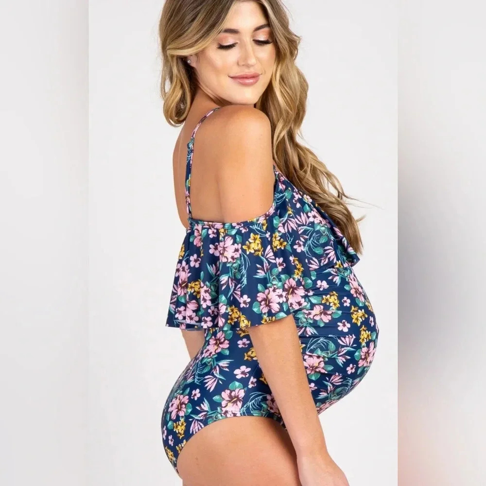 Pinkblush Blue Floral Ruffle Trim Ruched‎ Maternity Swimsuit